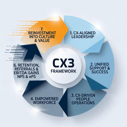 CX3 Flywheel showing how the seven integrated steps create compounding results